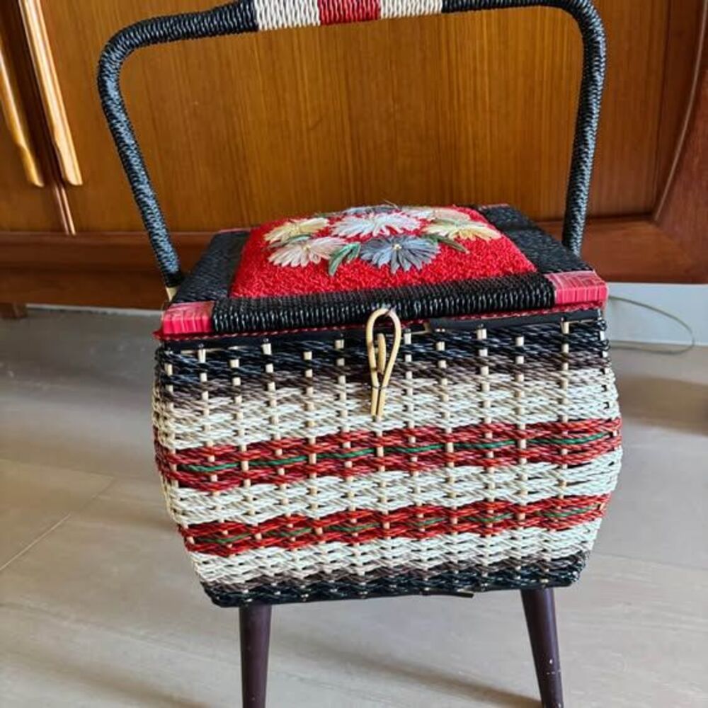 Gorgeous MCM Sewing Box with Legs and Needlepoint Top